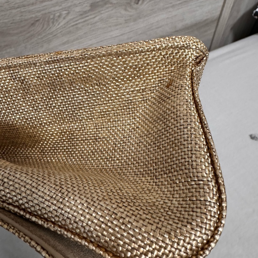 Jimmy Choo Crystal Madeline Gold Woven Raffia Top Handle Bag - Picture 9 of 13